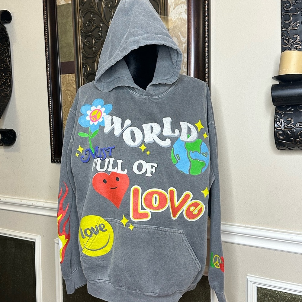 PacSun Gray Graphic Hoodie – Peace / World Full of Love – No Size Tag